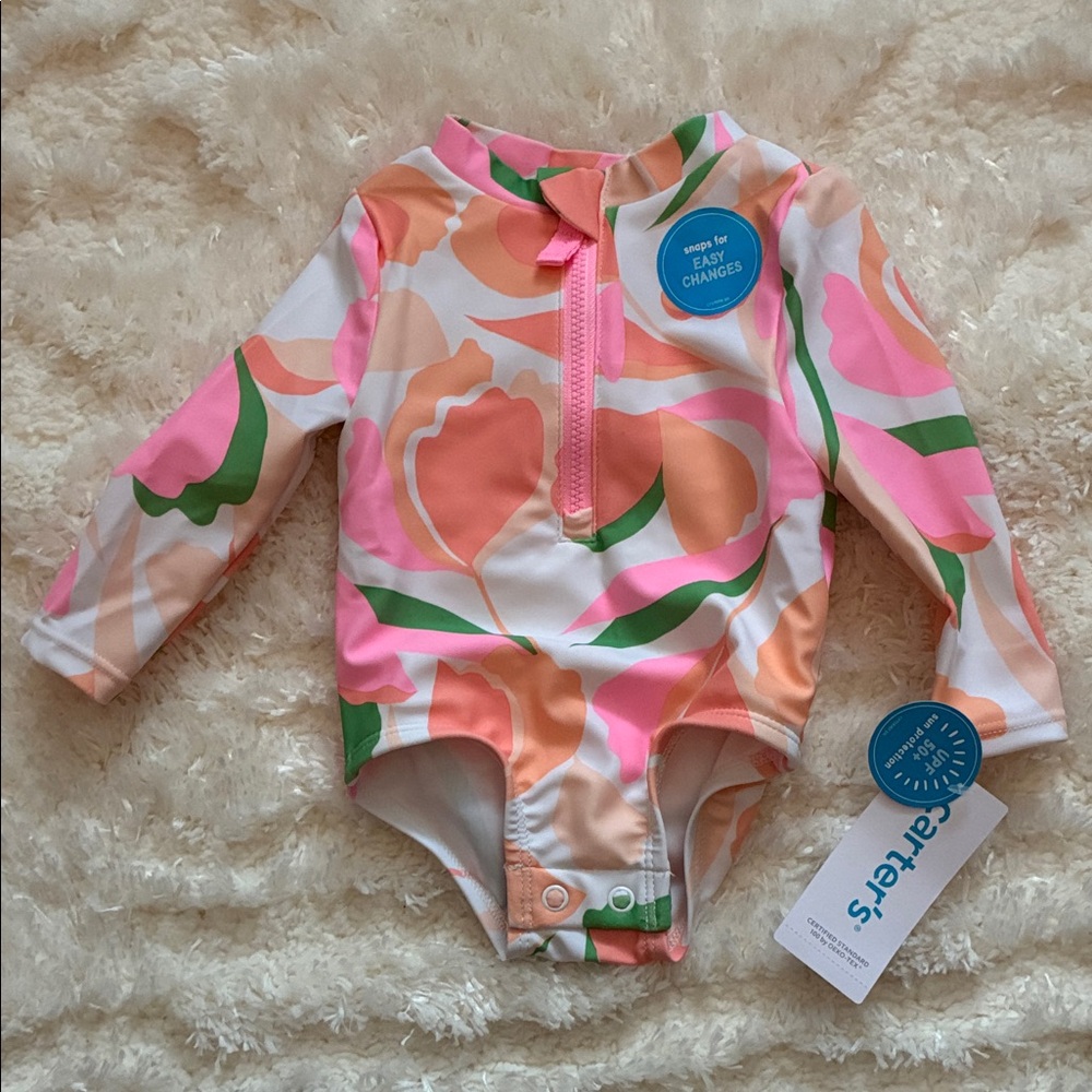 Carter's Pink Peach Floral Long-Sleeve Swimsuit